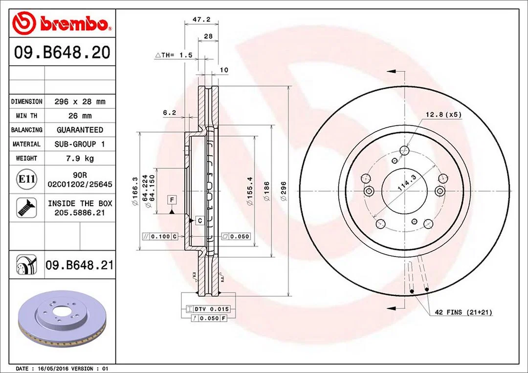 09B64821C02 – BREMBO Brake Rotor, Vented One Piece Design Wheel Bolt Pattern 5 x 114.3 Millimeter 296 Millimeter Diam...